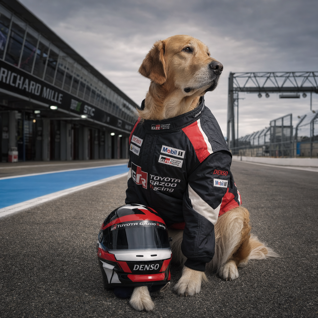 Pet portrait in Formula Racing Driver theme